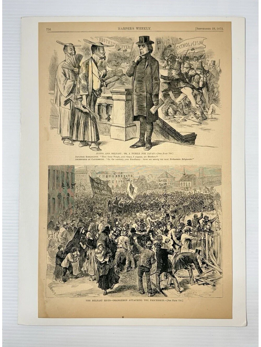 1872 Harper’s Weekly Belfast Riots Orangemen Ireland Political Print